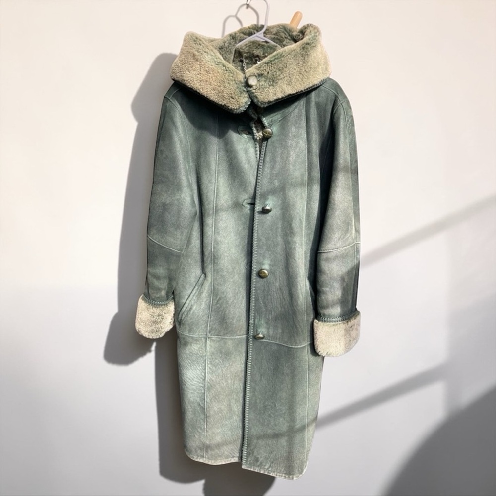 HARTMAN Shearling Coat | Vintage Green Sheepskin Suede Fur Jacket - Picture 16 of 17